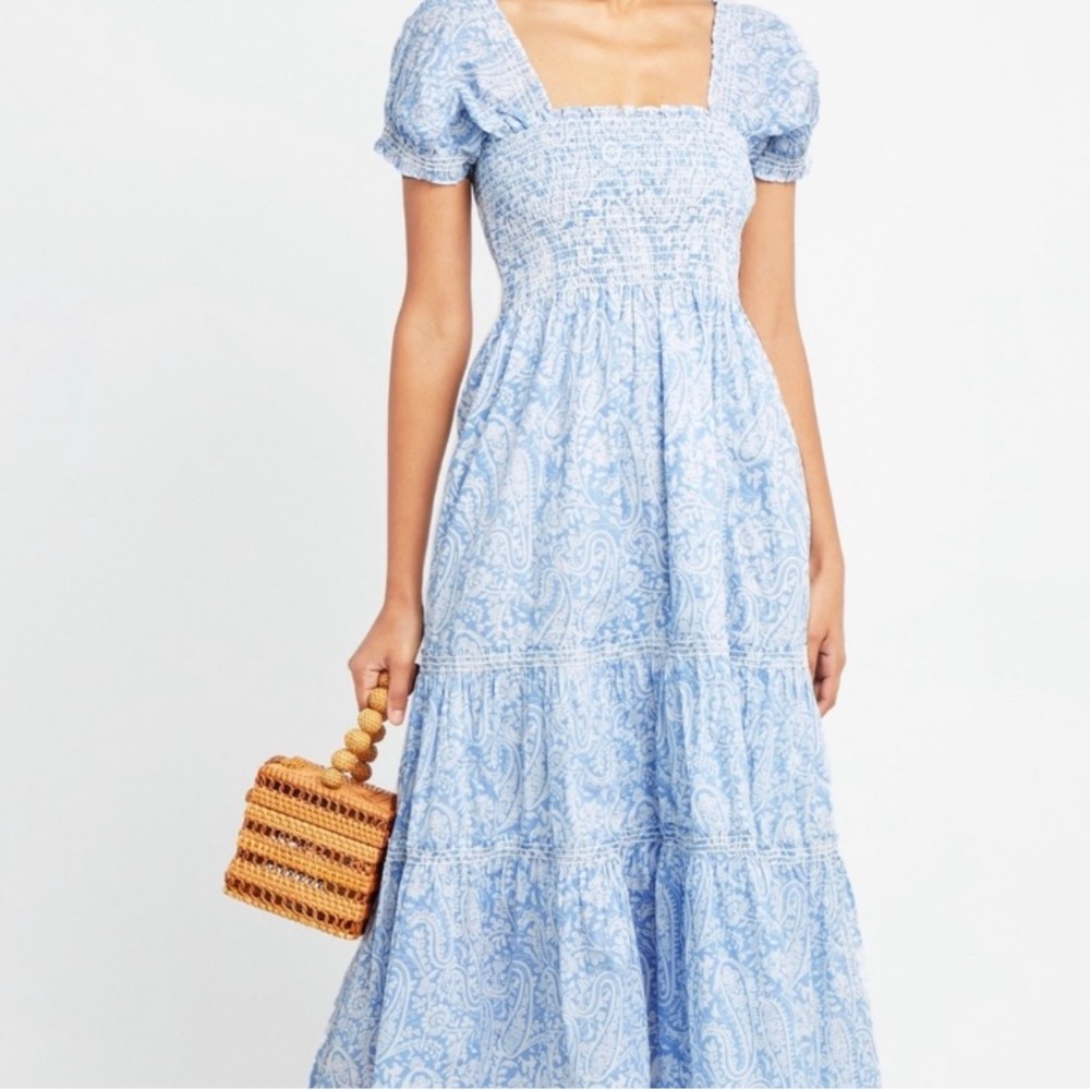 O.P.T. Blue and white smocked midi dress.